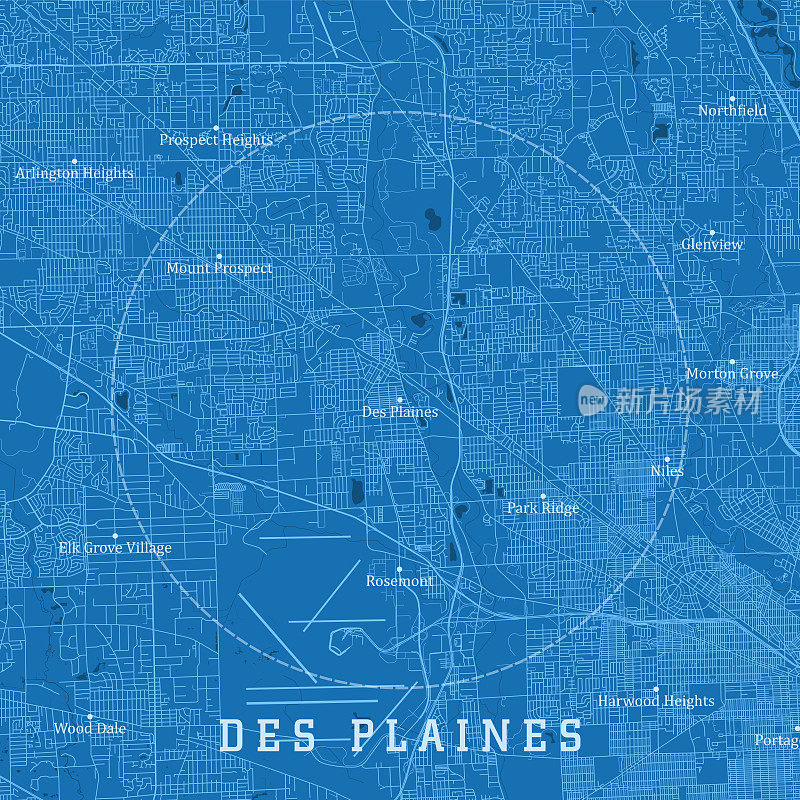 Des Plaines IL城市矢量路线图蓝色文本